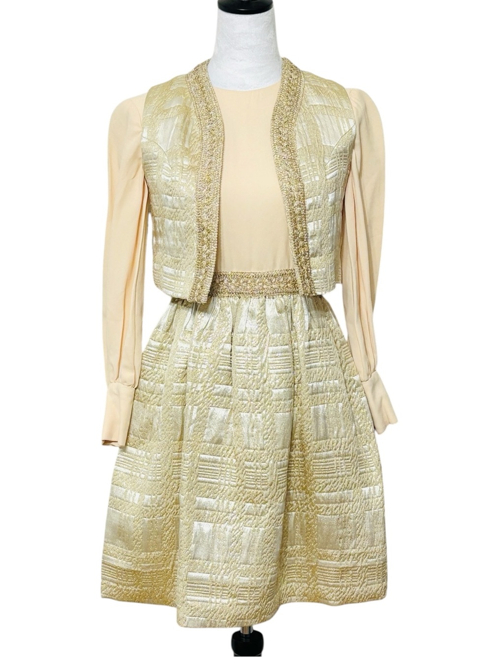 Vintage 60s Gold Metallic Brocade Mod Dress & Vest 2pc Set ILGWU Size XS